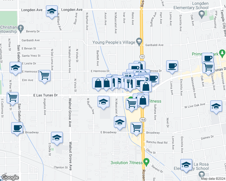 map of restaurants, bars, coffee shops, grocery stores, and more near 1381 East Las Tunas Drive in San Gabriel