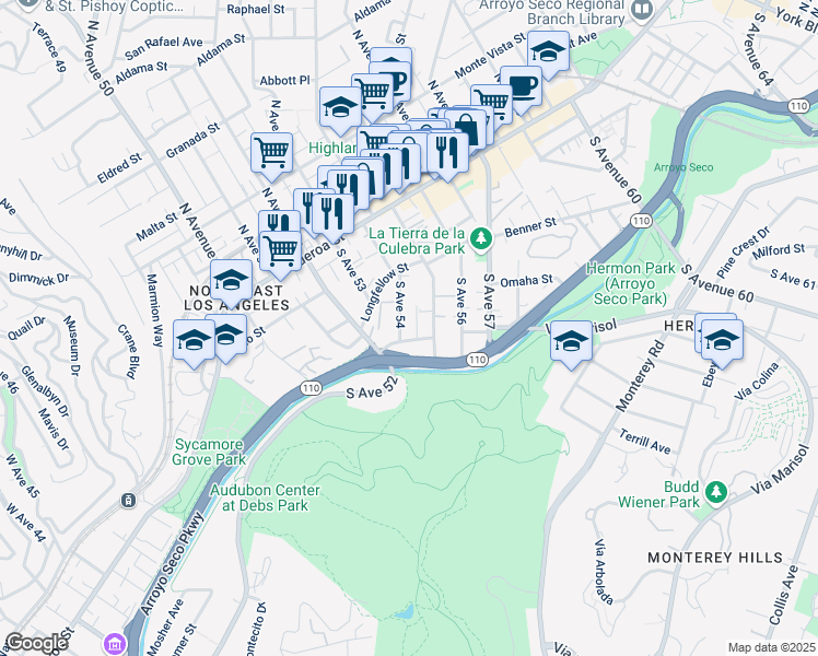 map of restaurants, bars, coffee shops, grocery stores, and more near 265 South Avenue 54 in Los Angeles