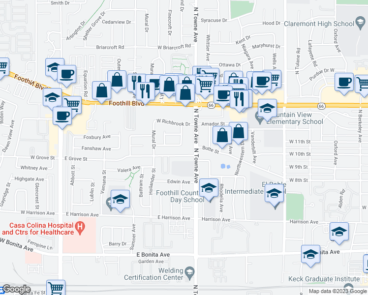map of restaurants, bars, coffee shops, grocery stores, and more near 642 Foxpark Drive in Claremont
