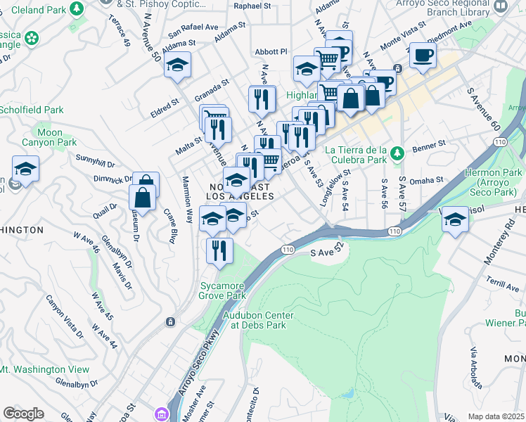 map of restaurants, bars, coffee shops, grocery stores, and more near 134 South Avenue 50 in Los Angeles