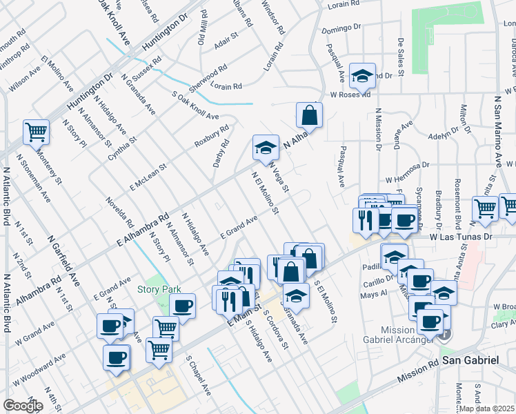 map of restaurants, bars, coffee shops, grocery stores, and more near 408 North Valencia Street in Alhambra