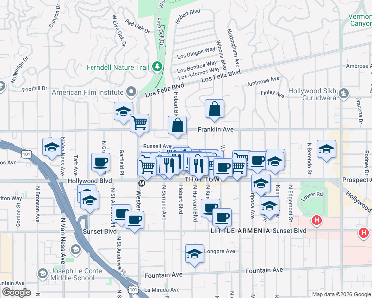 map of restaurants, bars, coffee shops, grocery stores, and more near 1815 North Harvard Boulevard in Los Angeles