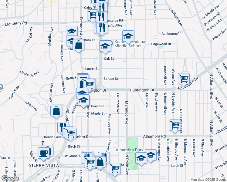 map of restaurants, bars, coffee shops, grocery stores, and more near 1605 Huntington Drive in South Pasadena