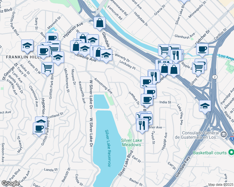 map of restaurants, bars, coffee shops, grocery stores, and more near 2615 Lake View Terrace East in Los Angeles