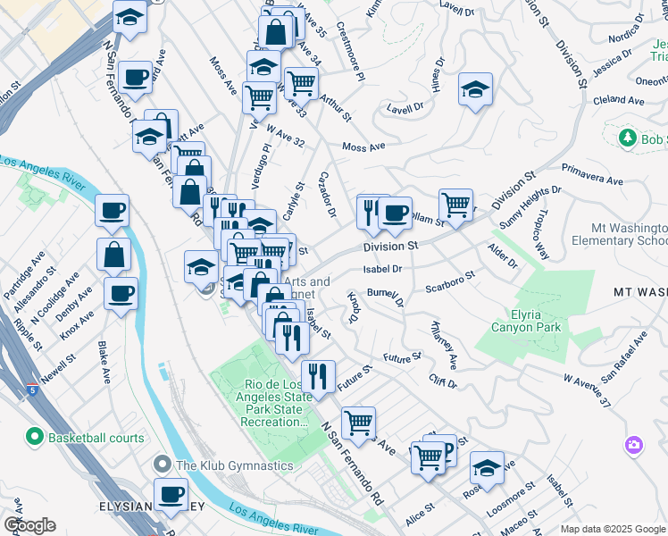 map of restaurants, bars, coffee shops, grocery stores, and more near 3104 Division Street in Los Angeles