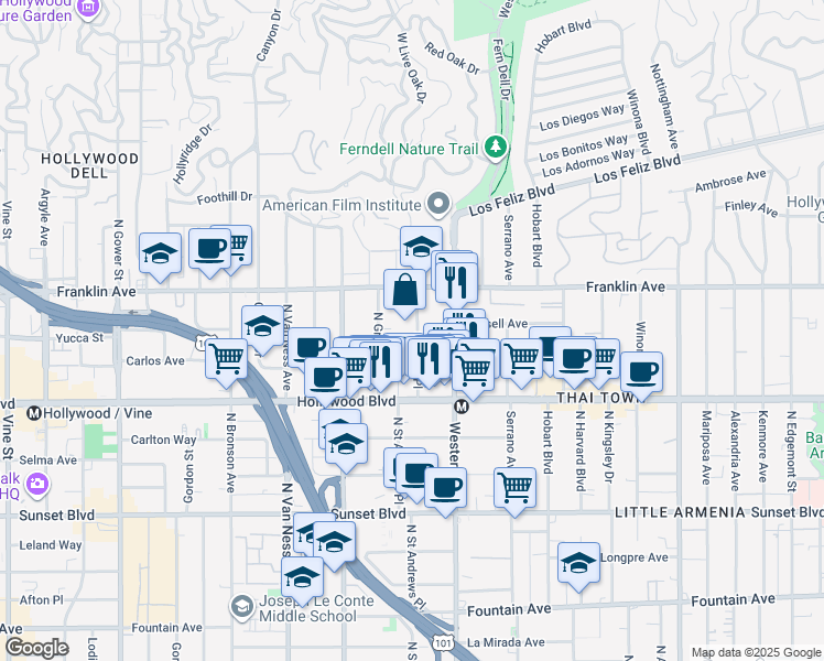 map of restaurants, bars, coffee shops, grocery stores, and more near 1817 Garfield Place in Los Angeles