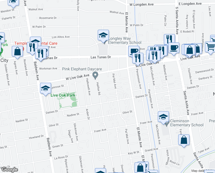 map of restaurants, bars, coffee shops, grocery stores, and more near 5601 Pal Mal Avenue in Temple City