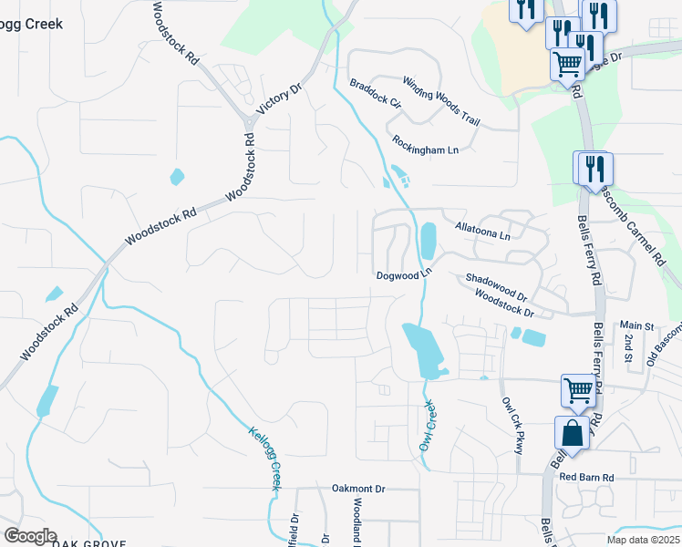 map of restaurants, bars, coffee shops, grocery stores, and more near 2044 Queensbury Drive in Acworth