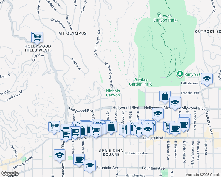 map of restaurants, bars, coffee shops, grocery stores, and more near 1809 Nichols Canyon Road in Los Angeles