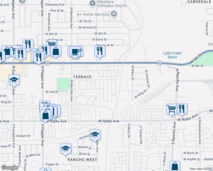 map of restaurants, bars, coffee shops, grocery stores, and more near 2524-2592 West 2nd Street in San Bernardino