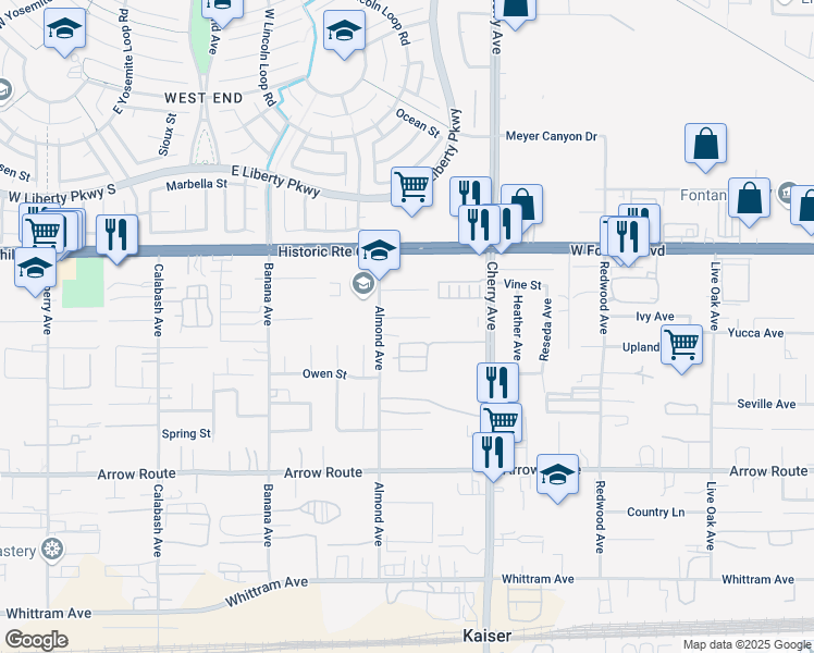 map of restaurants, bars, coffee shops, grocery stores, and more near 14345 Ivy Ave in Fontana