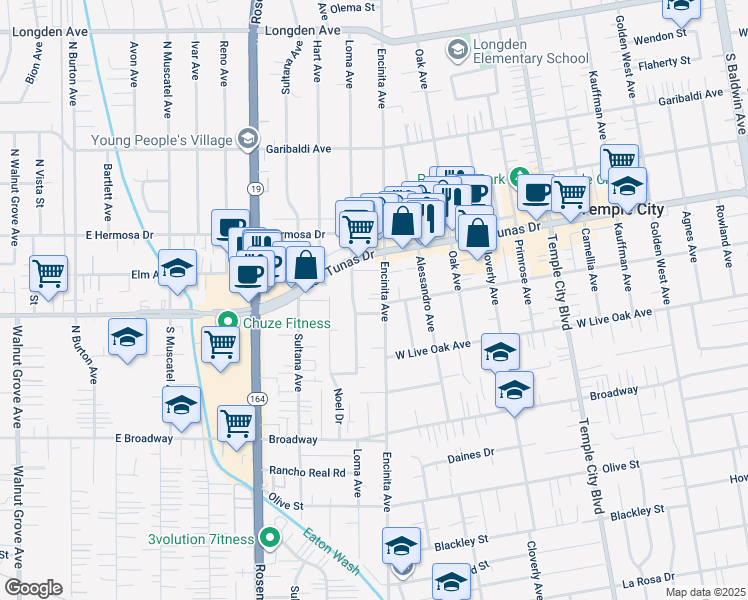 map of restaurants, bars, coffee shops, grocery stores, and more near 5809 Encinita Avenue in Temple City