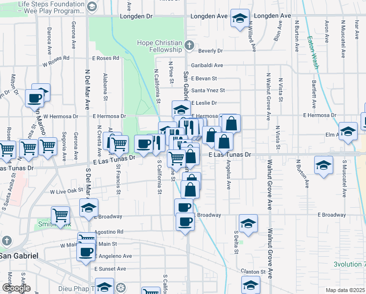 map of restaurants, bars, coffee shops, grocery stores, and more near 124 North Pine Street in San Gabriel