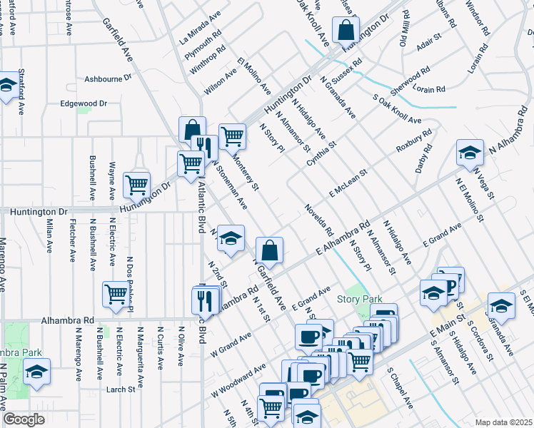 map of restaurants, bars, coffee shops, grocery stores, and more near 829 North Monterey Street in Alhambra