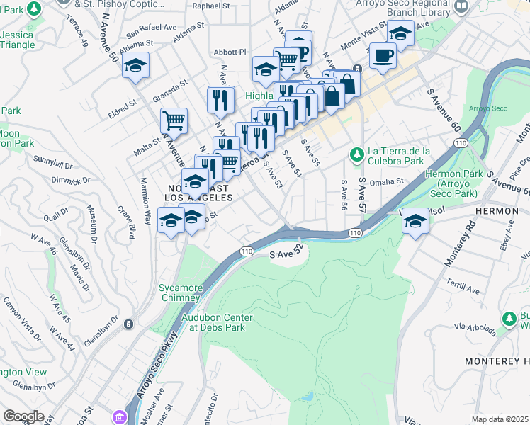 map of restaurants, bars, coffee shops, grocery stores, and more near 5105 Bomer Drive in Los Angeles