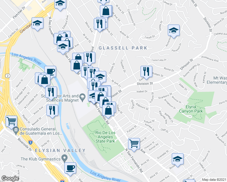 map of restaurants, bars, coffee shops, grocery stores, and more near 3029 Division Street in Los Angeles