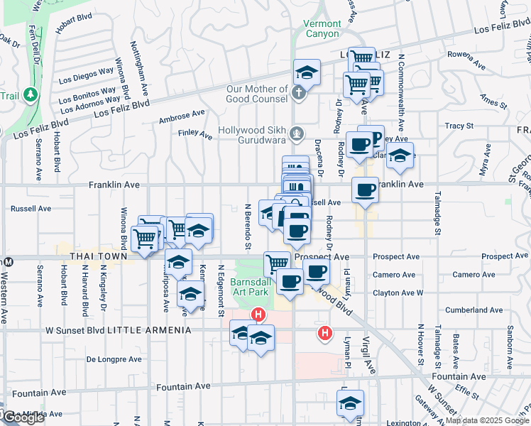 map of restaurants, bars, coffee shops, grocery stores, and more near 1818 North New Hampshire Avenue in Los Angeles