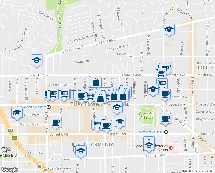 map of restaurants, bars, coffee shops, grocery stores, and more near 1814 North Normandie Avenue in Los Angeles