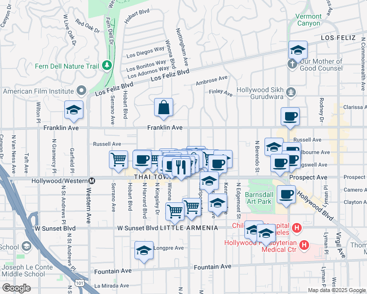 map of restaurants, bars, coffee shops, grocery stores, and more near 1814 North Normandie Avenue in Los Angeles