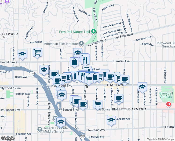 map of restaurants, bars, coffee shops, grocery stores, and more near 1825 North Western Avenue in Los Angeles