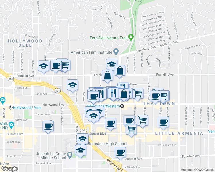 map of restaurants, bars, coffee shops, grocery stores, and more near 1817 Garfield Place in Los Angeles