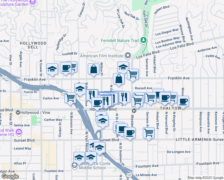 map of restaurants, bars, coffee shops, grocery stores, and more near 1825 North Gramercy Place in Los Angeles