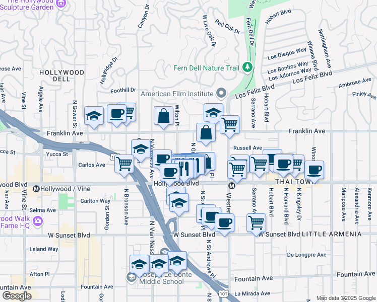 map of restaurants, bars, coffee shops, grocery stores, and more near 1825 North Gramercy Place in Los Angeles