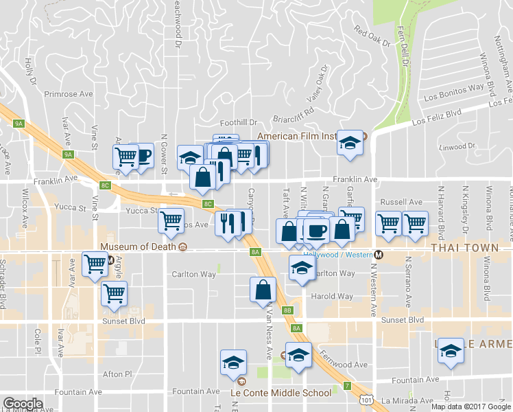map of restaurants, bars, coffee shops, grocery stores, and more near 1815 Canyon Drive in Los Angeles