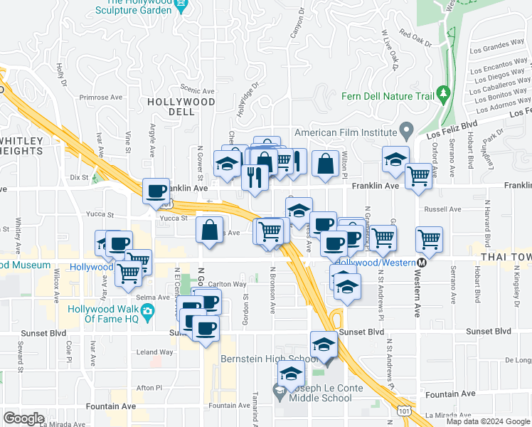 map of restaurants, bars, coffee shops, grocery stores, and more near 1815 North Bronson Avenue in Los Angeles