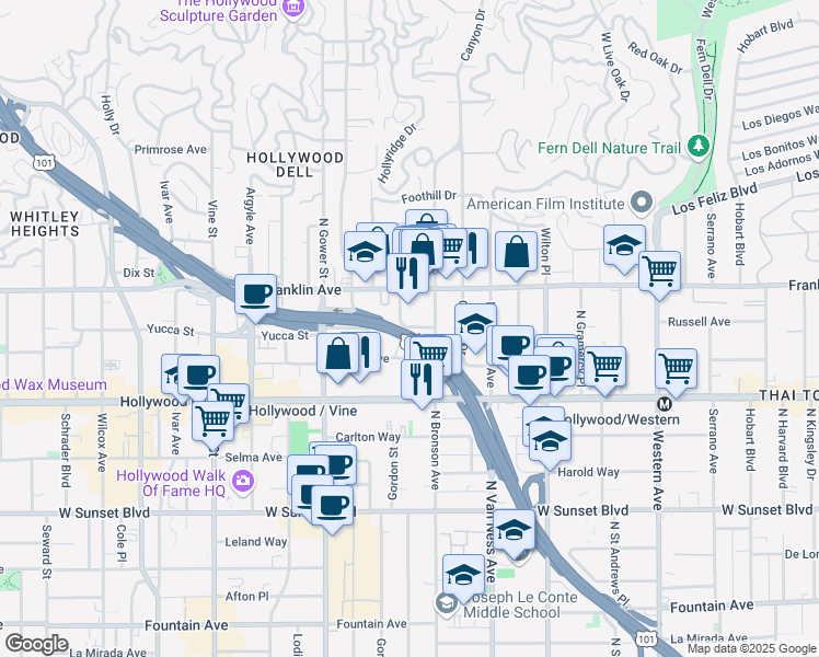 map of restaurants, bars, coffee shops, grocery stores, and more near 5948 South Yucca Street in Los Angeles