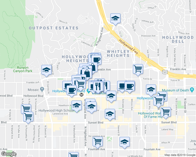 map of restaurants, bars, coffee shops, grocery stores, and more near 6700 Franklin Place in Los Angeles