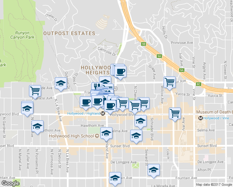 map of restaurants, bars, coffee shops, grocery stores, and more near in Los Angeles