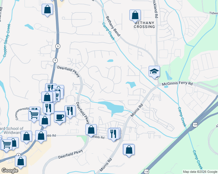 map of restaurants, bars, coffee shops, grocery stores, and more near 745 Avening Court in Alpharetta