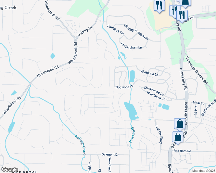 map of restaurants, bars, coffee shops, grocery stores, and more near 2044 Queensbury Drive in Acworth