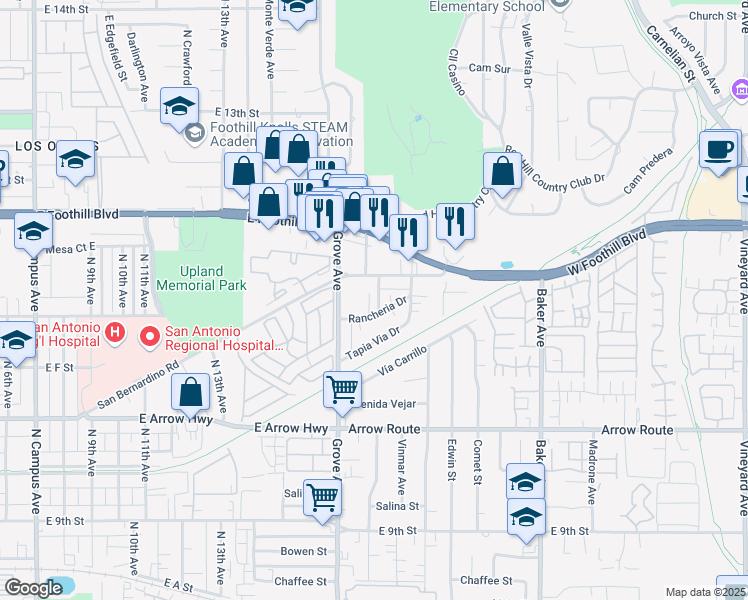 map of restaurants, bars, coffee shops, grocery stores, and more near 8248 Red Hill Country Club Drive in Rancho Cucamonga
