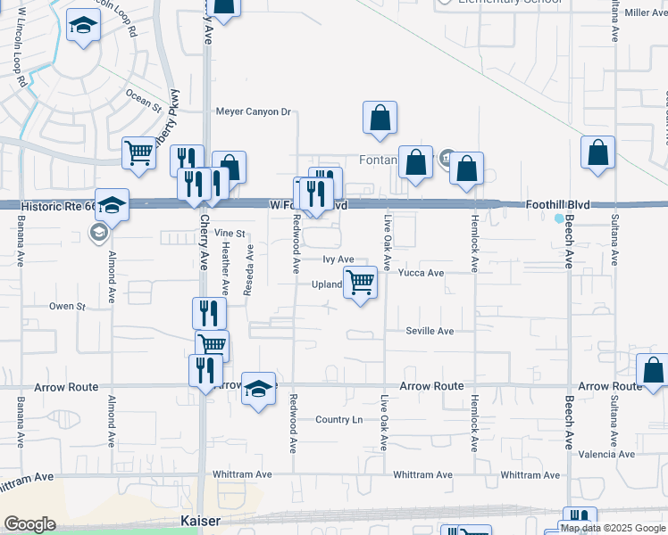 map of restaurants, bars, coffee shops, grocery stores, and more near 14783 Ivy Avenue in Fontana