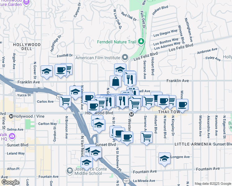 map of restaurants, bars, coffee shops, grocery stores, and more near 1817 Garfield Place in Los Angeles