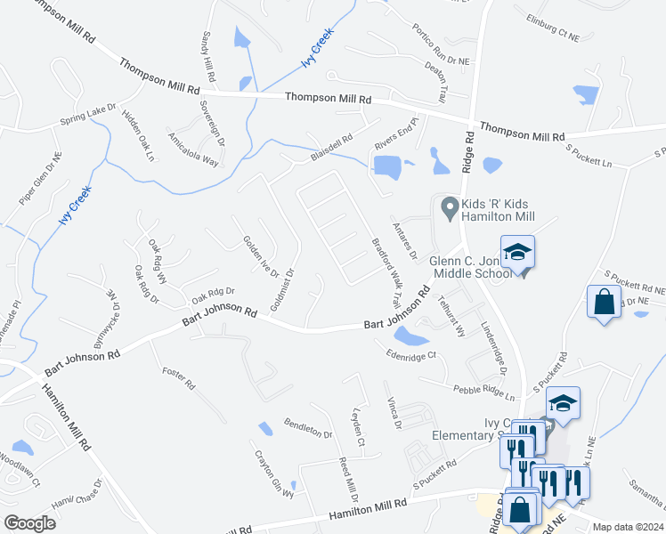 map of restaurants, bars, coffee shops, grocery stores, and more near 4055 Bradford Walk Trail in Buford