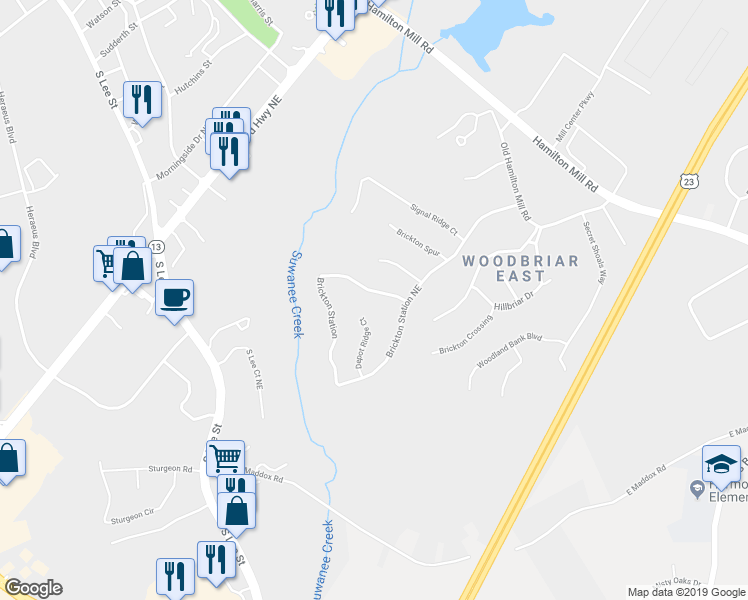 map of restaurants, bars, coffee shops, grocery stores, and more near 1690 Brickton Station in Buford