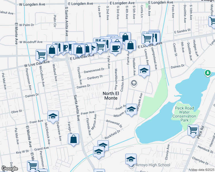 map of restaurants, bars, coffee shops, grocery stores, and more near 5453 Tyler Avenue in Temple City