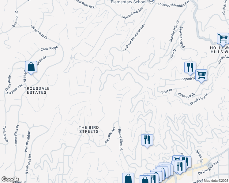 map of restaurants, bars, coffee shops, grocery stores, and more near 1877 Rising Glen Road in Los Angeles