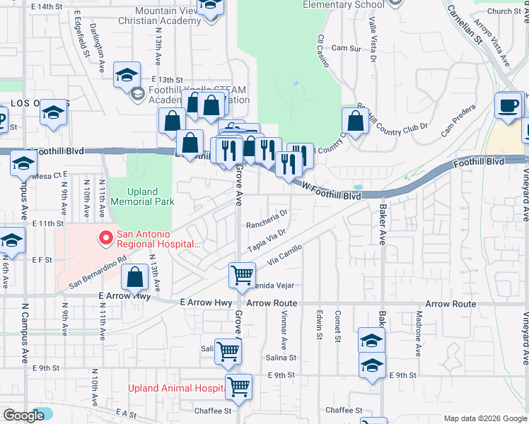 map of restaurants, bars, coffee shops, grocery stores, and more near 8248 Red Hill Country Club Drive in Rancho Cucamonga