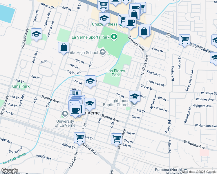 map of restaurants, bars, coffee shops, grocery stores, and more near 2755 F Street in La Verne