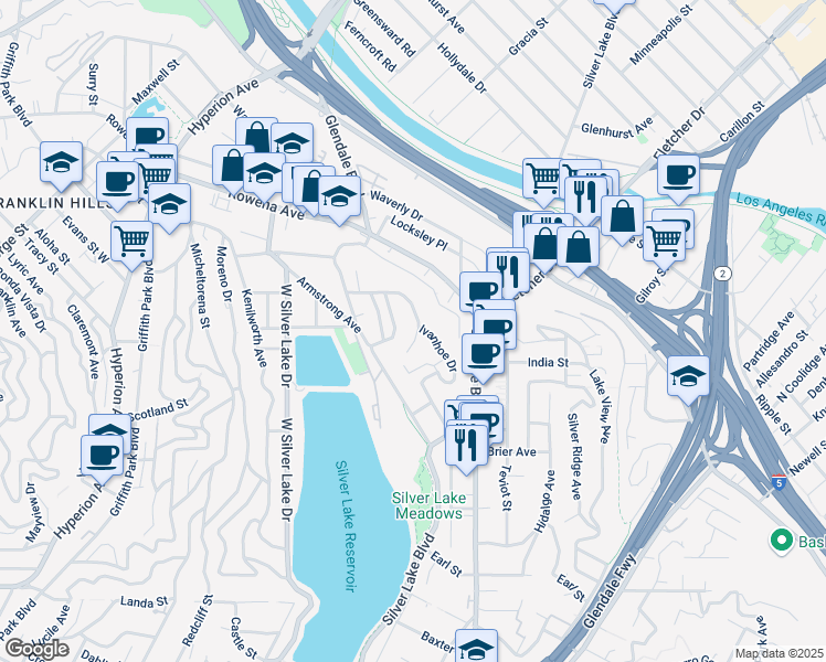 map of restaurants, bars, coffee shops, grocery stores, and more near 2531 Silver Lake Terrace in Los Angeles