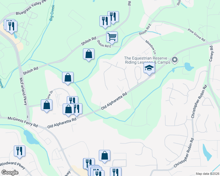 map of restaurants, bars, coffee shops, grocery stores, and more near 1455 Woodvine Way in Alpharetta