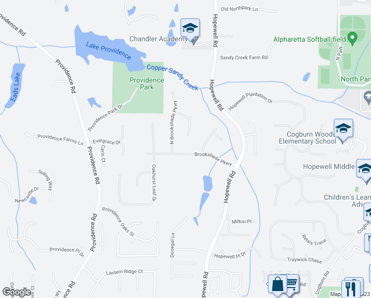 map of restaurants, bars, coffee shops, grocery stores, and more near 781 Brookshade Parkway in Alpharetta