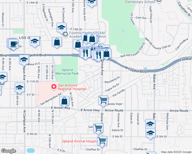 map of restaurants, bars, coffee shops, grocery stores, and more near 1350 San Bernardino Road in Upland