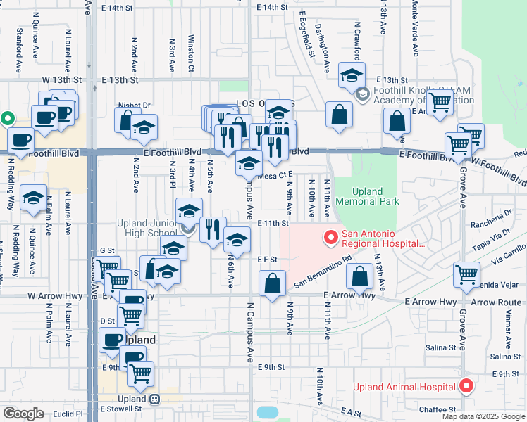 map of restaurants, bars, coffee shops, grocery stores, and more near 818 North Campus Avenue in Upland