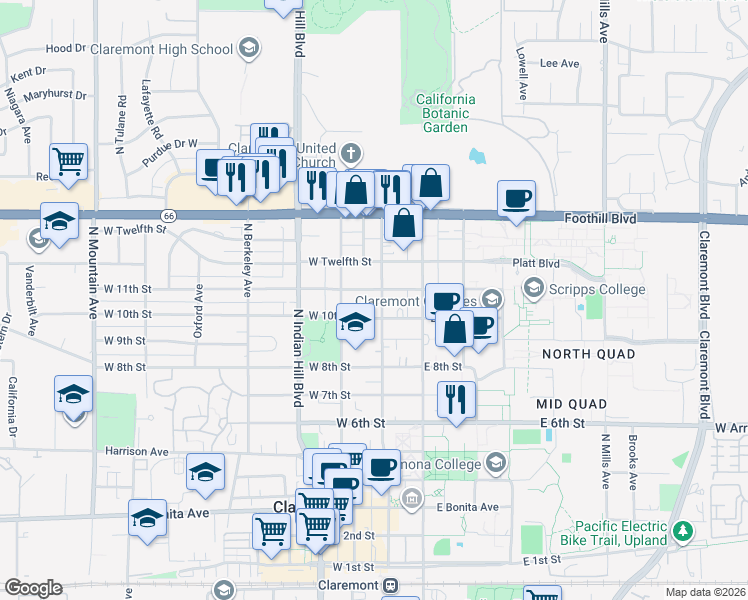 map of restaurants, bars, coffee shops, grocery stores, and more near 1035 Harvard Avenue North in Claremont