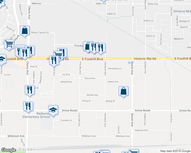 map of restaurants, bars, coffee shops, grocery stores, and more near 15037 Joshua Tree Court in Fontana